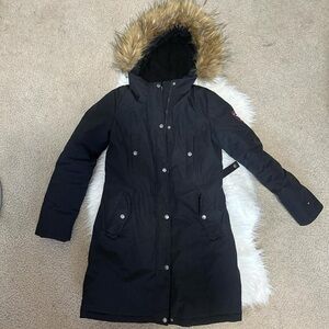 Women's Black Hooded Parka with Faux Fur Trim